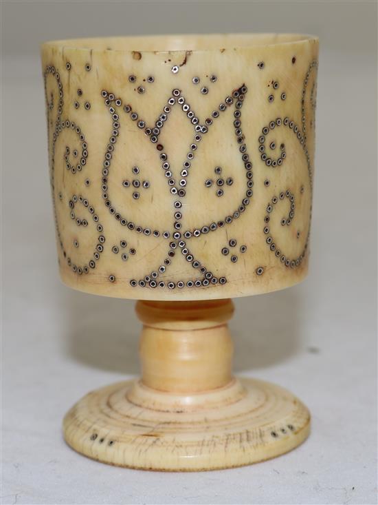 A rare English ivory and pique work cup, c.1700, height 7.5cm (3in.)